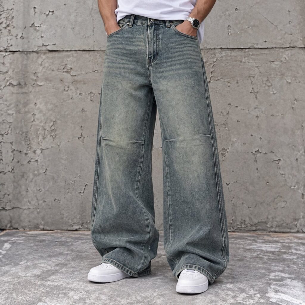 A person wearing oversized, baggy blue denim jeans and white sneakers against a concrete wall.