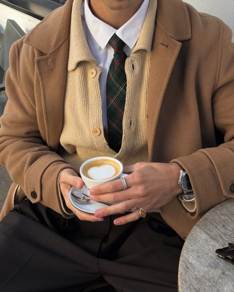 A person wearing a tan overcoat and a beige cardigan over a white shirt and plaid tie.