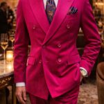 A man wearing a bright pink double-breasted velvet suit and a patterned silk tie.