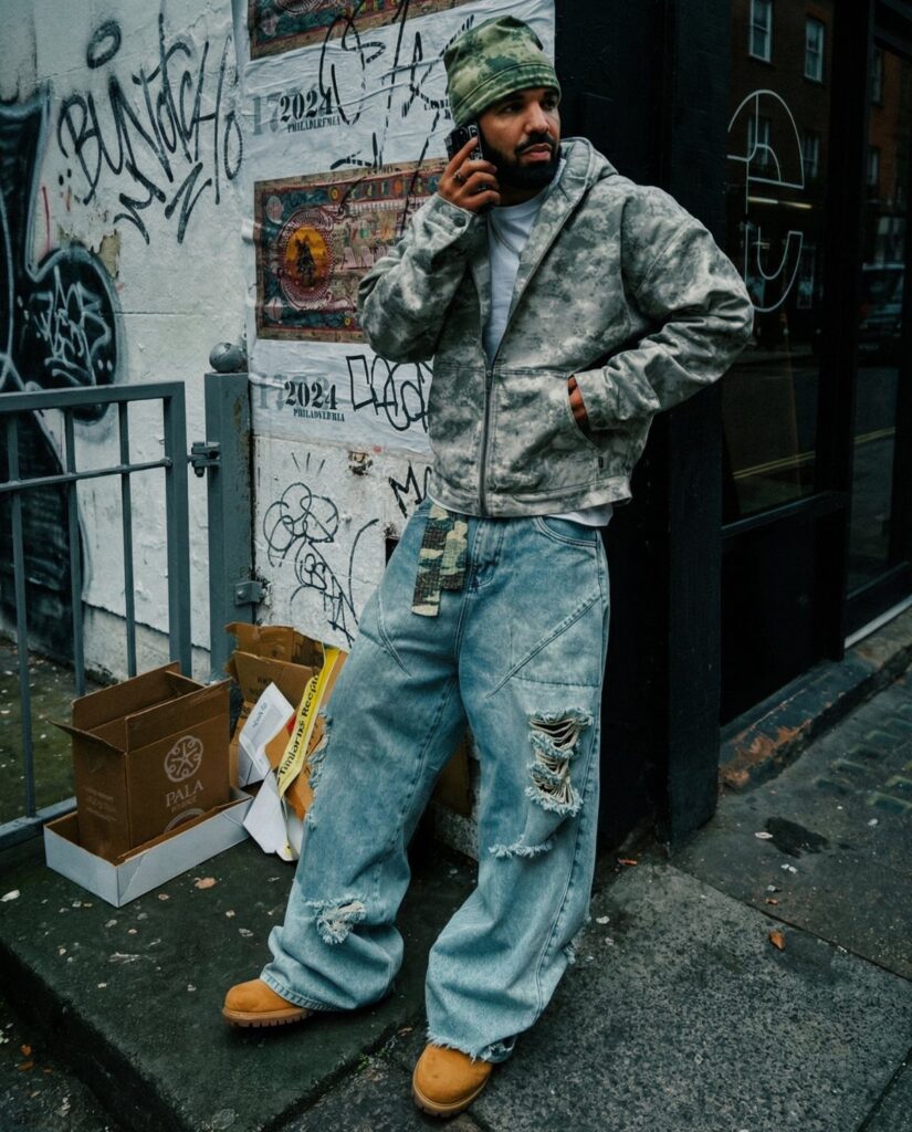 Man in oversized distressed denim jeans, grey hoodie, and camouflage beanie standing on a city sidewalk.
