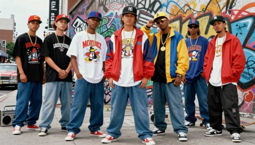 Seven men posing in baggy jeans and oversized graphic tees against a graffiti wall.