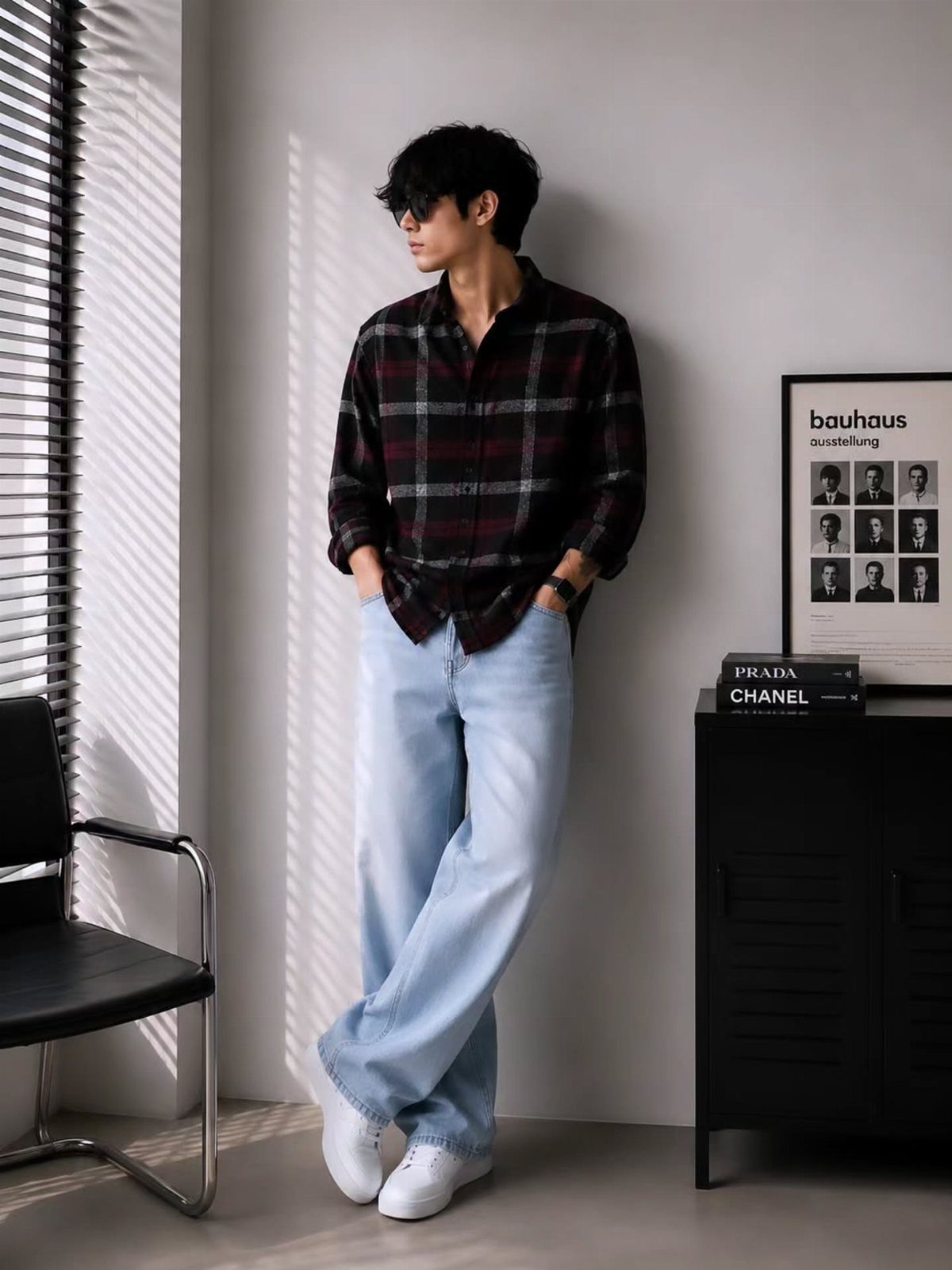 Man in a plaid shirt and baggy light blue jeans leaning against a wall.