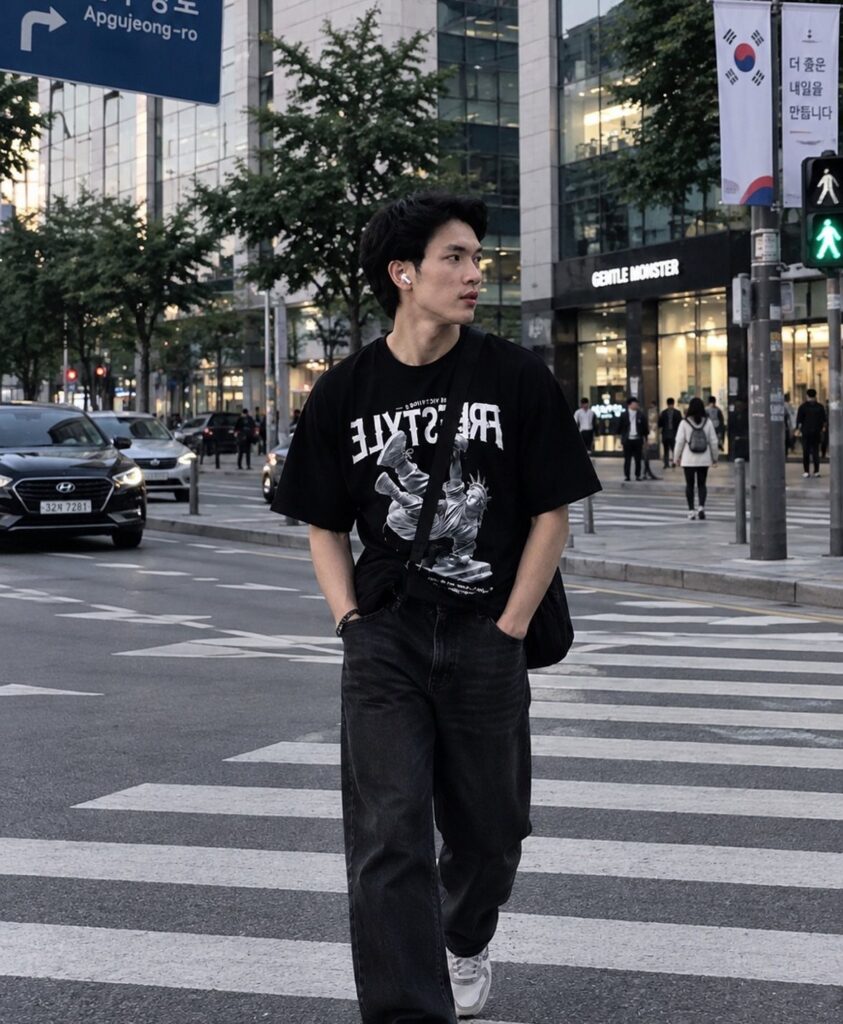 Man in a black oversized graphic t-shirt and baggy black trousers walking across a city street.