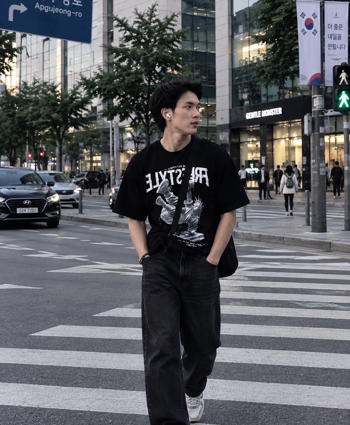Man in a black oversized graphic t-shirt and baggy black trousers walking across a city street.