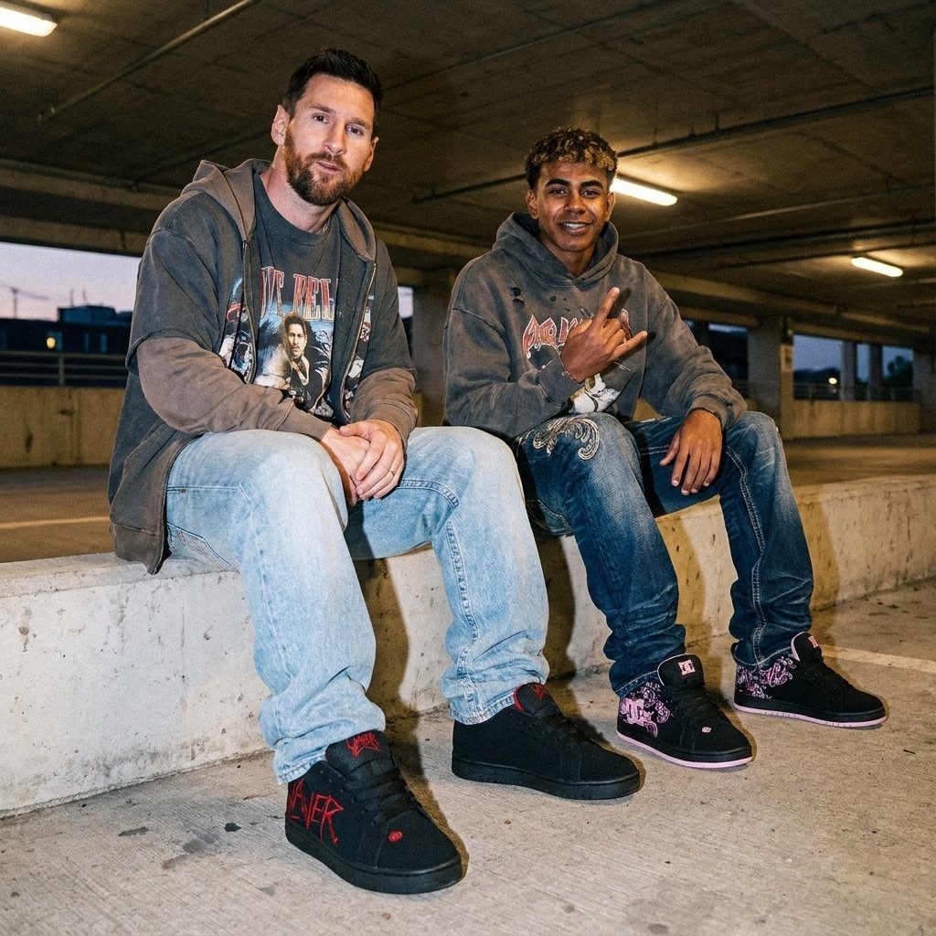 Two men sitting on a concrete ledge wearing baggy jeans and black chunky sneakers.